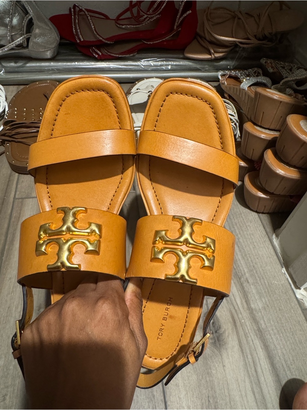 Tory Burch Eleanor
Two-Band Medallion
Slingback Sandals Cognac
